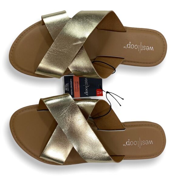 WOMEN'S SMALL (5/6) Metallic Gold Casual Flat Crossover Slide Sandals Cushioned - Picture 12 of 14